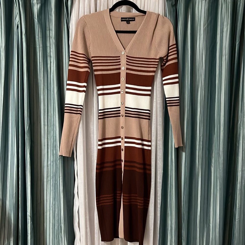 Striped Faux Button Front Midi Sweater Dress - Picture 4 of 7